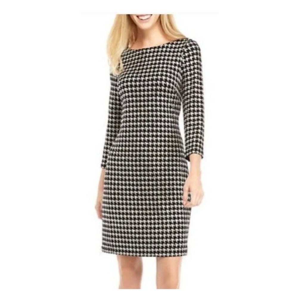 Jessica H Vintage Houndstooth Metallic Sheath Dress Black Silver 3/4 arm Size 8